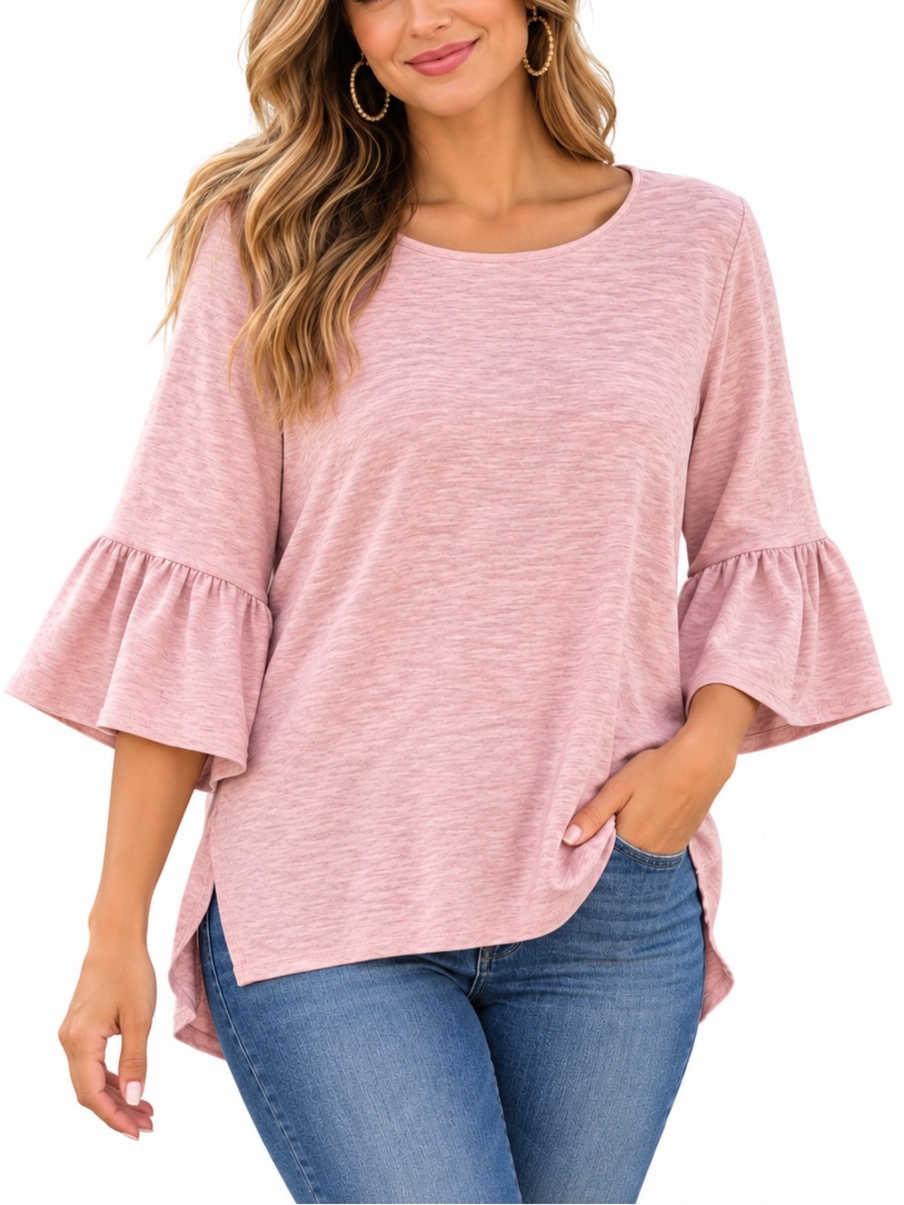Adrianna Papell XXL Heather Pink Bell Sleeve High Low Knit Top